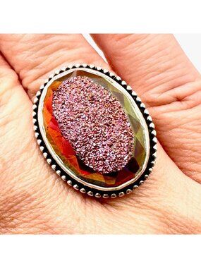 Colleen Lopez Womens Ring Sterling Silver Pink Drusy Quartz Adjustable Statement